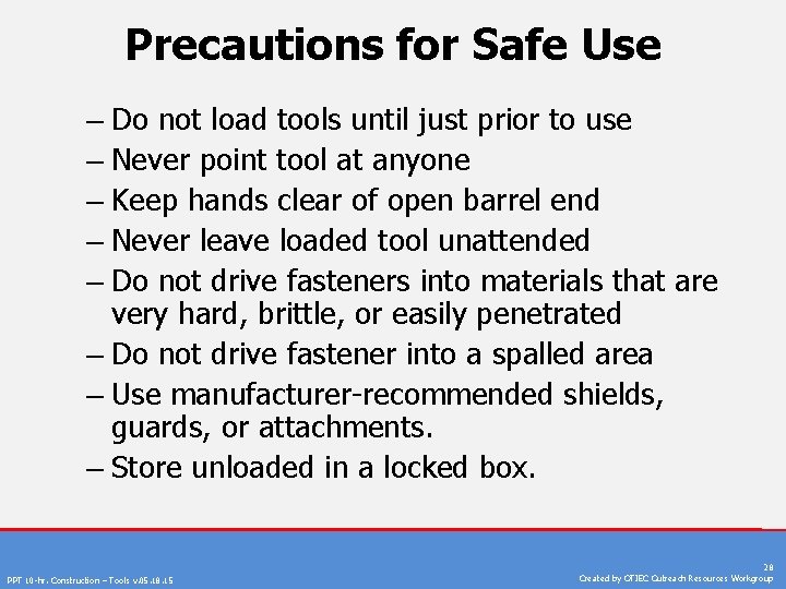 Precautions for Safe Use – Do not load tools until just prior to use