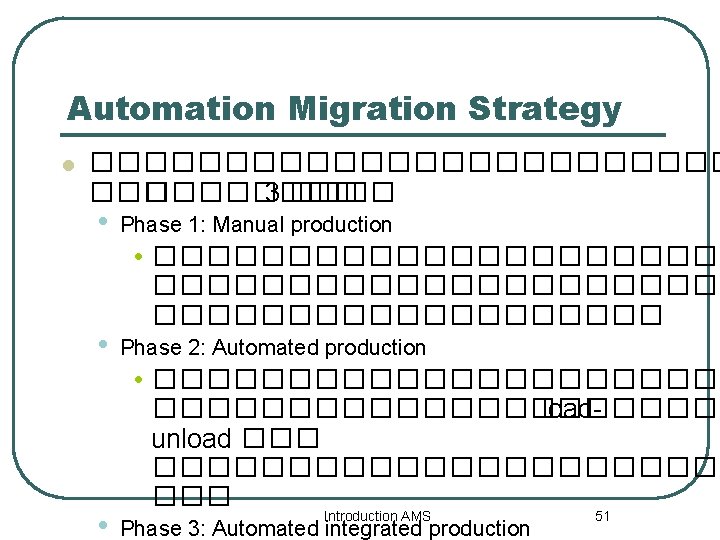 Automation Migration Strategy l ������������ 3 ���� • • • Phase 1: Manual production