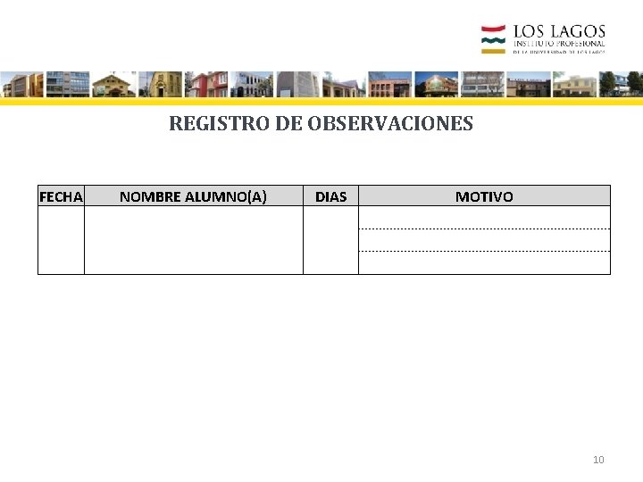 REGISTRO DE OBSERVACIONES FECHA NOMBRE ALUMNO(A) DIAS MOTIVO 10 