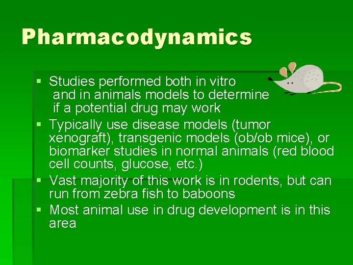 Pharmacodynamics § Studies performed both in vitro and in animals models to determine if