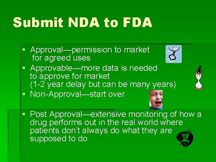 Submit NDA to FDA § Approval—permission to market for agreed uses § Approvable—more data
