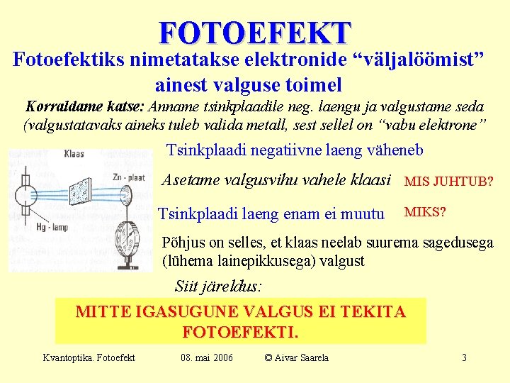 FOTOEFEKT Fotoefektiks nimetatakse elektronide “väljalöömist” ainest valguse toimel Korraldame katse: Anname tsinkplaadile neg. laengu