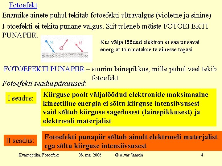 Fotoefekt Enamike ainete puhul tekitab fotoefekti ultravalgus (violetne ja sinine) Fotoefekti ei tekita punane