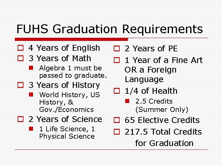 FUHS Graduation Requirements o 4 Years of English o 3 Years of Math o