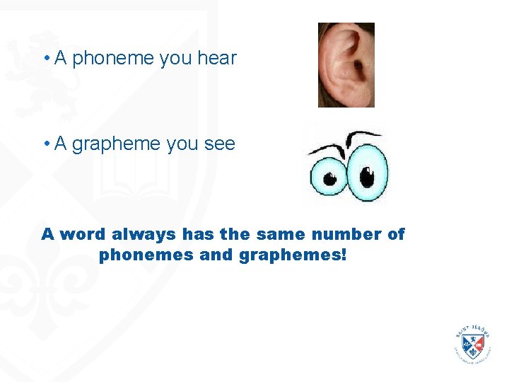 • A phoneme you hear • A grapheme you see A word always • A phoneme you hear • A grapheme you see A word always