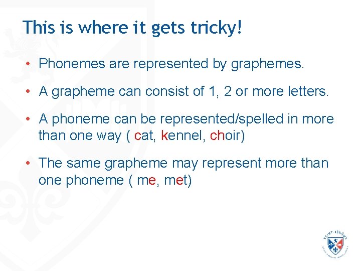 This is where it gets tricky! • Phonemes are represented by graphemes. • A This is where it gets tricky! • Phonemes are represented by graphemes. • A