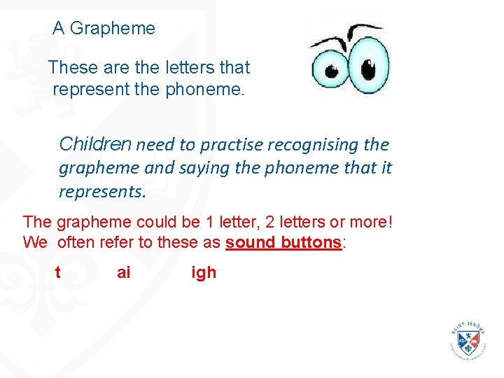 A Grapheme These are the letters that represent the phoneme. Children need to practise A Grapheme These are the letters that represent the phoneme. Children need to practise