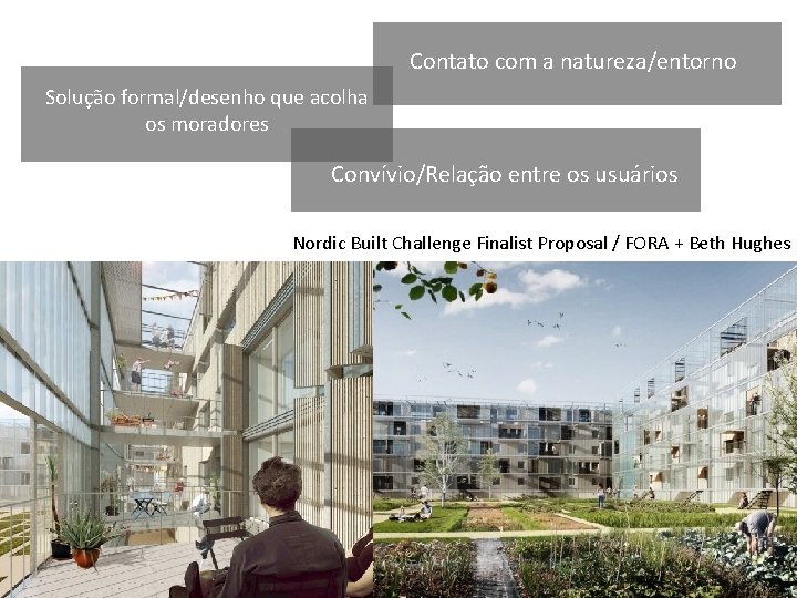 Contato com a natureza/entorno Solução formal/desenho que acolha os moradores Planta baixa livre, fluidez