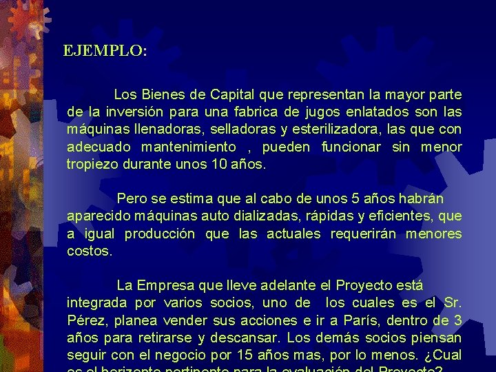 EJEMPLO: Los Bienes de Capital que representan la mayor parte de la inversión para