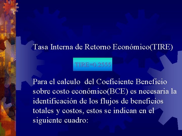 Tasa Interna de Retorno Económico(TIRE) TIRE=0. 2555 Para el calculo del Coeficiente Beneficio sobre