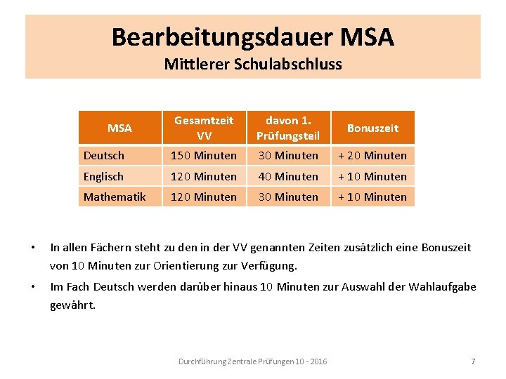 Bearbeitungsdauer MSA Mittlerer Schulabschluss Gesamtzeit VV davon 1. Prüfungsteil Bonuszeit Deutsch 150 Minuten 30