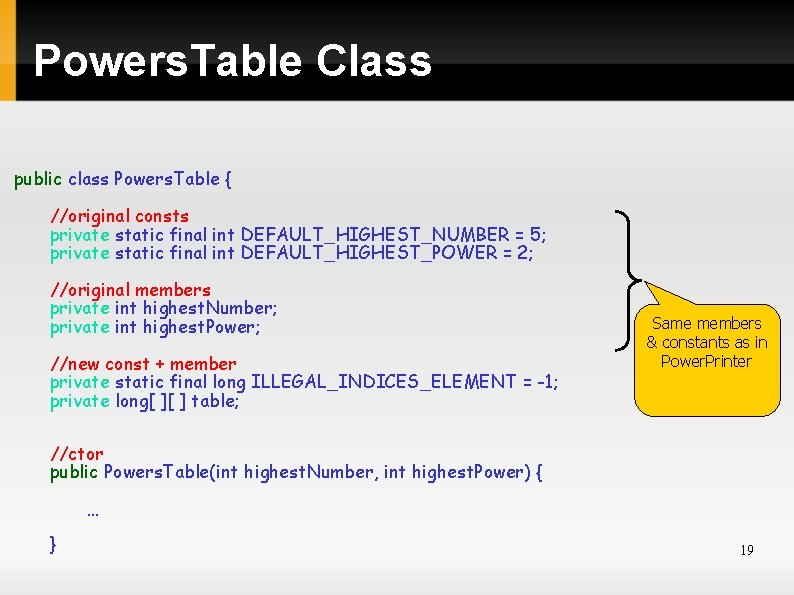 Powers. Table Class public class Powers. Table { //original consts private static final int