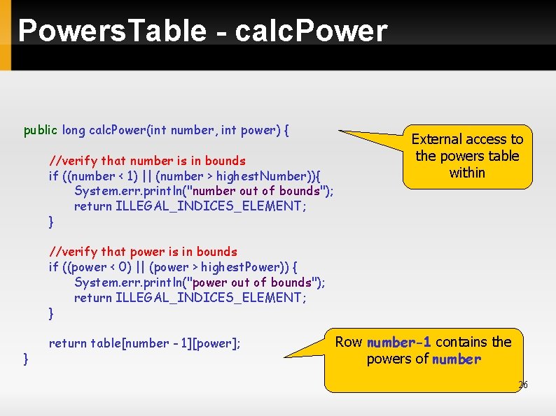 Powers. Table - calc. Power public long calc. Power(int number, int power) { //verify