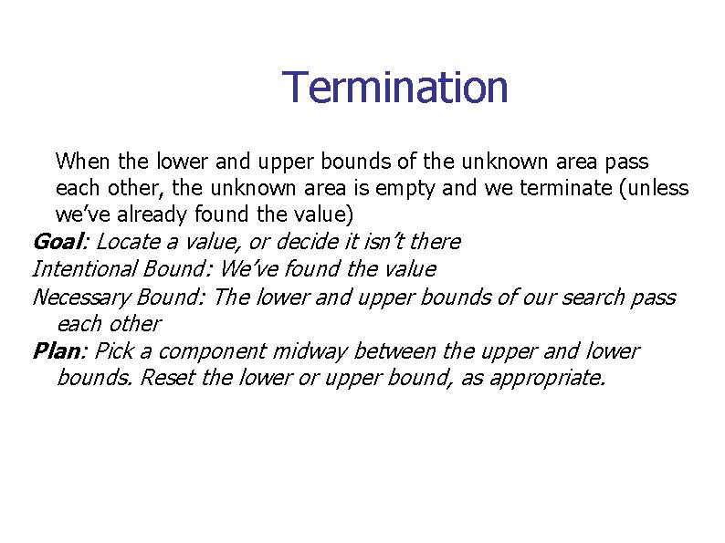 Termination When the lower and upper bounds of the unknown area pass each other,