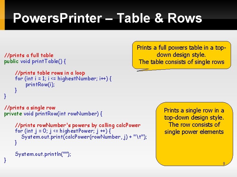 Powers. Printer – Table & Rows //prints a full table public void print. Table()