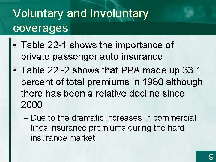 Voluntary and Involuntary coverages • Table 22 -1 shows the importance of private passenger