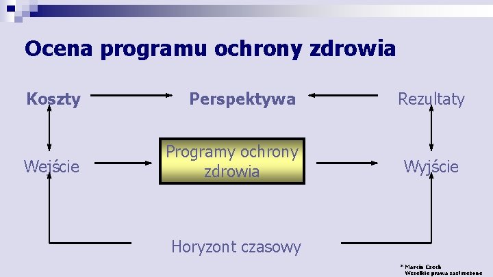 Ocena programu ochrony zdrowia Koszty Perspektywa Wejście Programy ochrony zdrowia Rezultaty Wyjście Horyzont czasowy