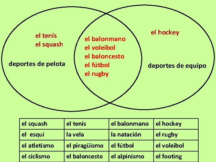 el tenis el squash el balonmano el voleibol el baloncesto el fútbol el rugby