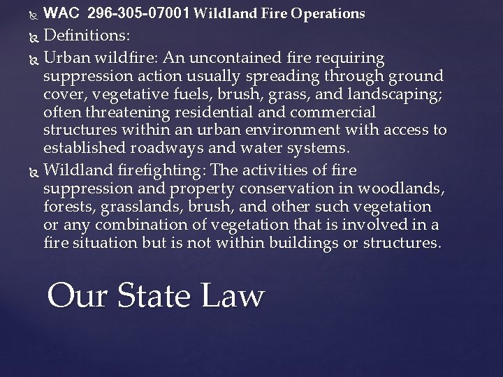  WAC 296 -305 -07001 Wildland Fire Operations Definitions: Urban wildfire: An uncontained fire