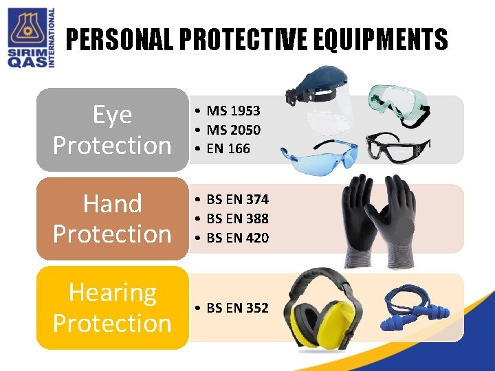 PERSONAL PROTECTIVE EQUIPMENTS Eye Protection • MS 1953 • MS 2050 • EN 166