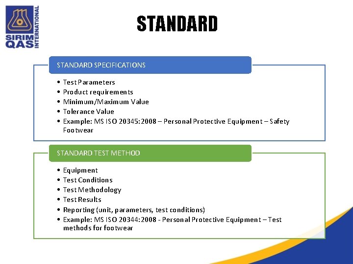 STANDARD SPECIFICATIONS • • • Test Parameters Product requirements Minimum/Maximum Value Tolerance Value Example:
