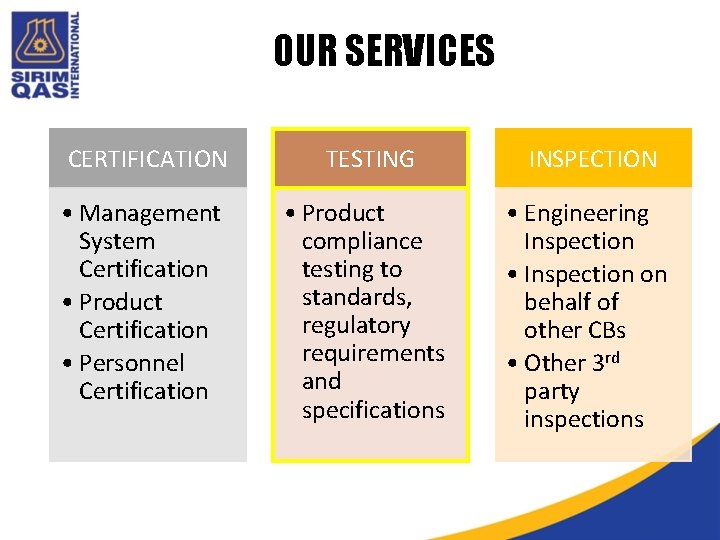 OUR SERVICES CERTIFICATION TESTING INSPECTION • Management System Certification • Product Certification • Personnel