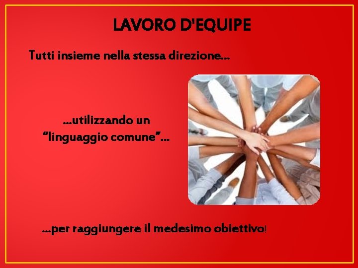 LAVORO D'EQUIPE Tutti insieme nella stessa direzione. . . . utilizzando un “linguaggio comune”.