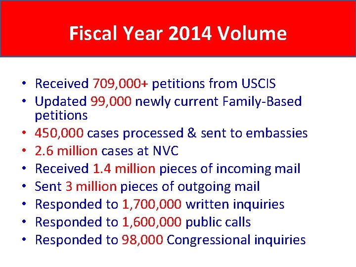 Fiscal Year 2014 Volume • Received 709, 000+ petitions from USCIS • Updated 99,
