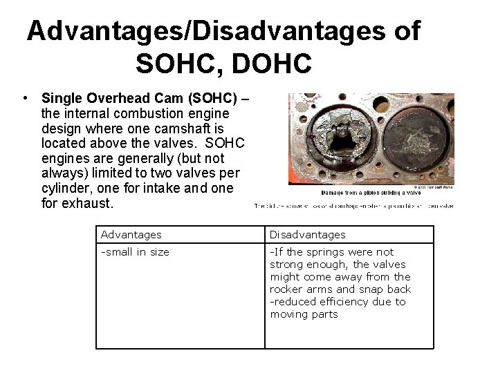 Advantages/Disadvantages of SOHC, DOHC • Single Overhead Cam (SOHC) – the internal combustion engine Advantages/Disadvantages of SOHC, DOHC • Single Overhead Cam (SOHC) – the internal combustion engine