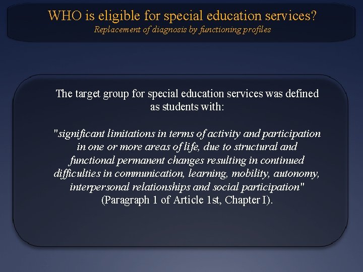 WHO is eligible for special education services? Replacement of diagnosis by functioning profiles The