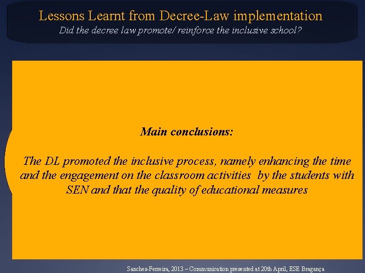 Lessons Learnt from Decree-Law implementation Did the decree law promote/ reinforce the inclusive school?