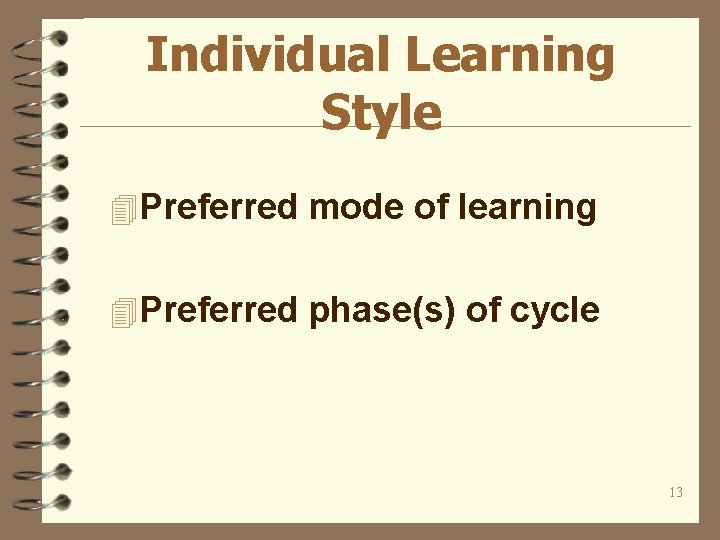 Individual Learning Style 4 Preferred mode of learning 4 Preferred phase(s) of cycle 13