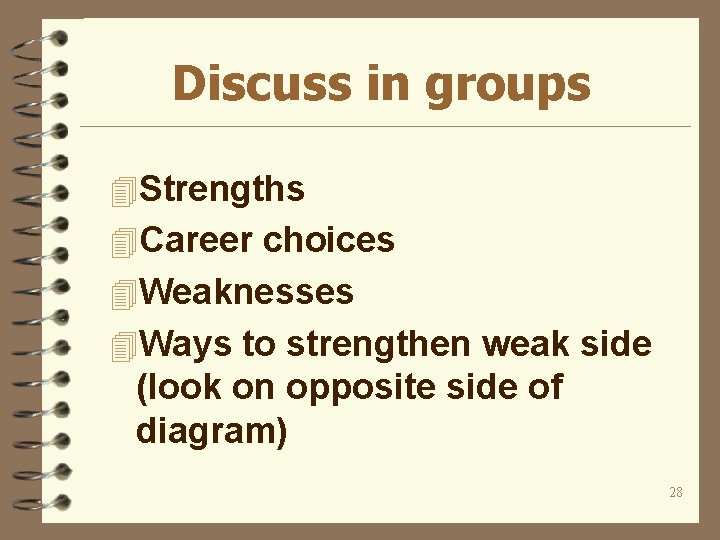 Discuss in groups 4 Strengths 4 Career choices 4 Weaknesses 4 Ways to strengthen