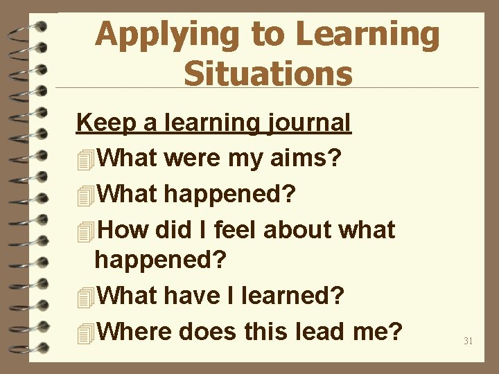 Applying to Learning Situations Keep a learning journal 4 What were my aims? 4