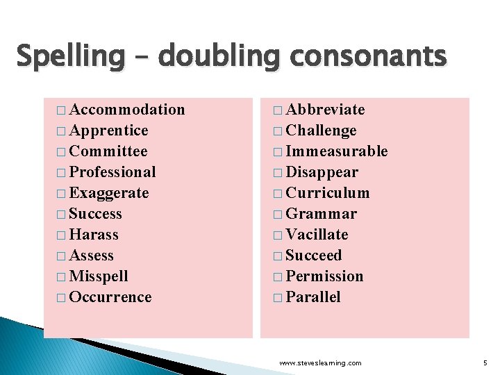 Spelling – doubling consonants � Accommodation � Abbreviate � Apprentice � Challenge � Committee