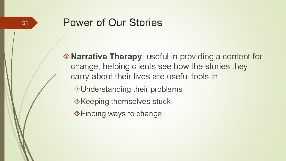 31 Power of Our Stories Narrative Therapy: useful in providing a content for change,