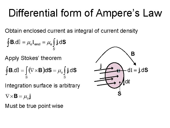 Differential form of Ampere’s Law Obtain enclosed current as integral of current density B