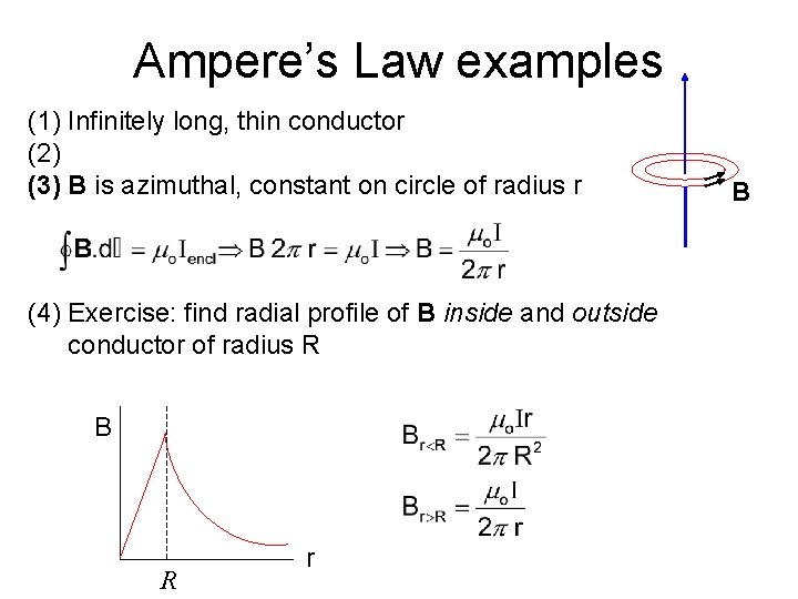 Ampere’s Law examples (1) Infinitely long, thin conductor (2) (3) B is azimuthal, constant