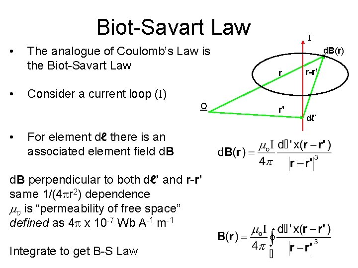 Biot-Savart Law • • The analogue of Coulomb’s Law is the Biot-Savart Law d.