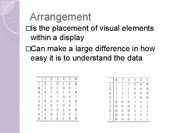 Arrangement �Is the placement of visual elements within a display �Can make a large