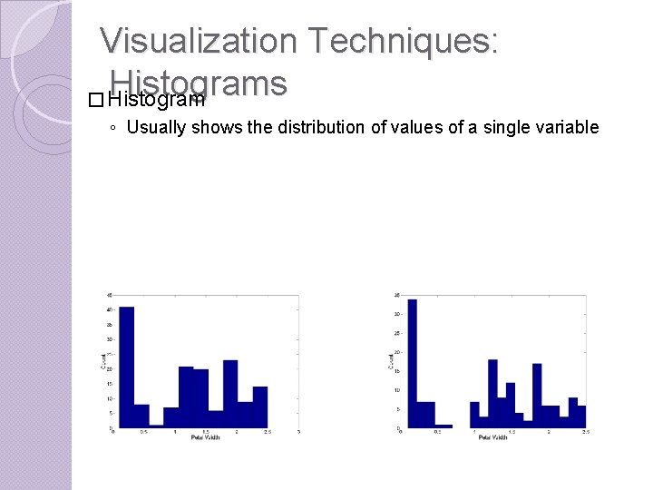Visualization Techniques: Histograms � Histogram ◦ Usually shows the distribution of values of a
