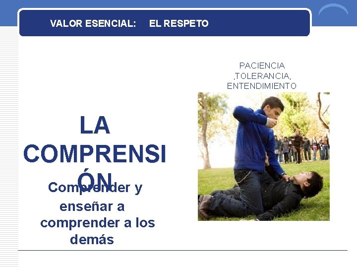 VALOR ESENCIAL: EL RESPETO” PACIENCIA , TOLERANCIA, ENTENDIMIENTO LA COMPRENSI ÓN y Comprender enseñar