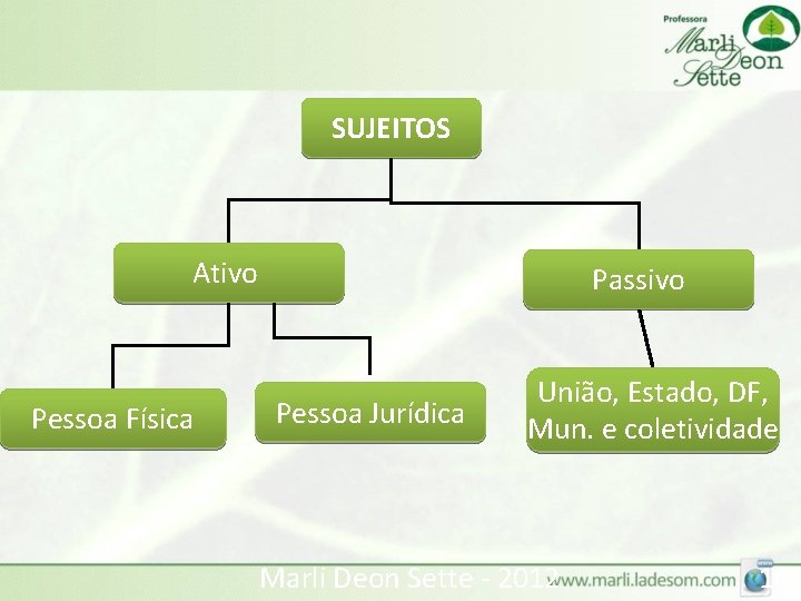 SUJEITOS Ativo Pessoa Física Passivo Pessoa Jurídica União, Estado, DF, Mun. e coletividade Marli SUJEITOS Ativo Pessoa Física Passivo Pessoa Jurídica União, Estado, DF, Mun. e coletividade Marli