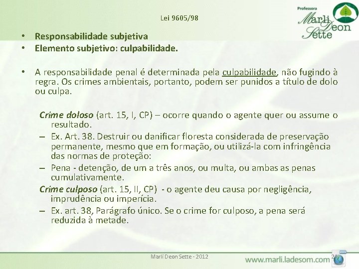 Lei 9605/98 • Responsabilidade subjetiva • Elemento subjetivo: culpabilidade. • A responsabilidade penal é Lei 9605/98 • Responsabilidade subjetiva • Elemento subjetivo: culpabilidade. • A responsabilidade penal é