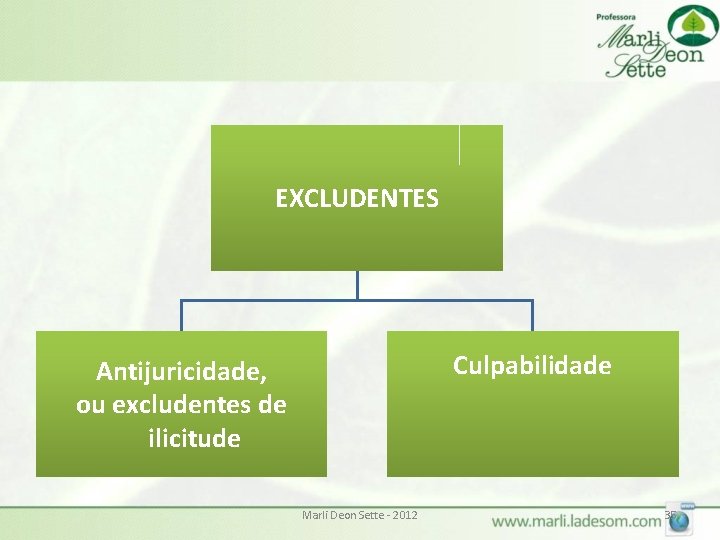 EXCLUDENTES Culpabilidade Antijuricidade, ou excludentes de ilicitude Marli Deon Sette - 2012 35 EXCLUDENTES Culpabilidade Antijuricidade, ou excludentes de ilicitude Marli Deon Sette - 2012 35