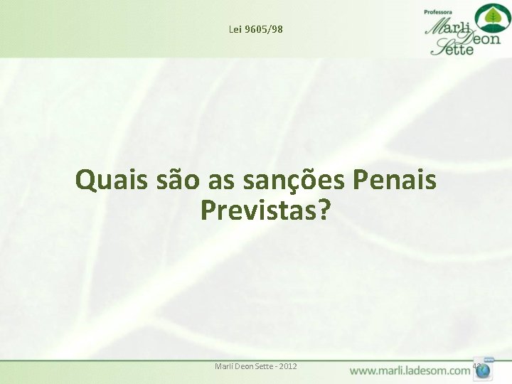 Lei 9605/98 Quais são as sanções Penais Previstas? Marli Deon Sette - 2012 42 Lei 9605/98 Quais são as sanções Penais Previstas? Marli Deon Sette - 2012 42