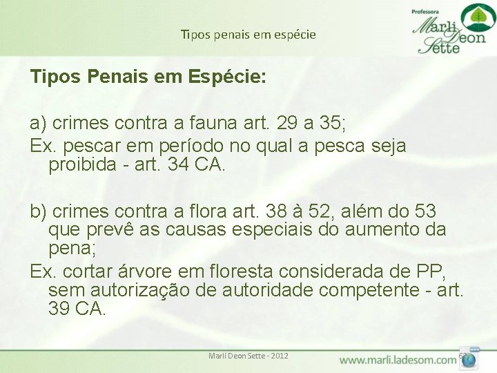 Tipos penais em espécie Tipos Penais em Espécie: a) crimes contra a fauna art. Tipos penais em espécie Tipos Penais em Espécie: a) crimes contra a fauna art.