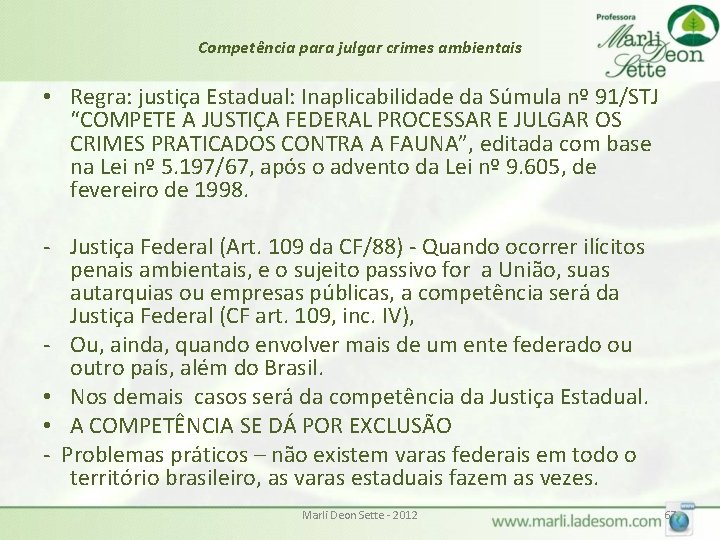 Competência para julgar crimes ambientais • Regra: justiça Estadual: Inaplicabilidade da Súmula nº 91/STJ Competência para julgar crimes ambientais • Regra: justiça Estadual: Inaplicabilidade da Súmula nº 91/STJ