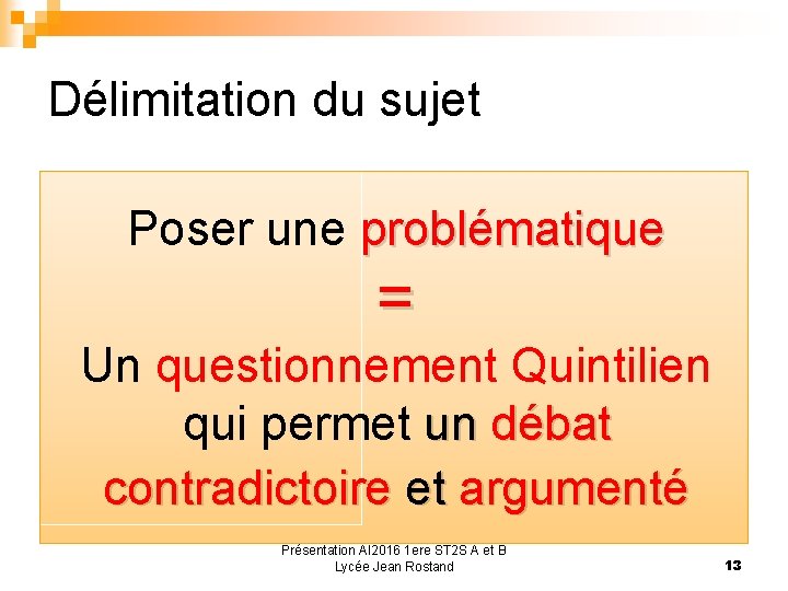 Délimitation du sujet Poser une problématique = Un questionnement Quintilien qui permet un débat
