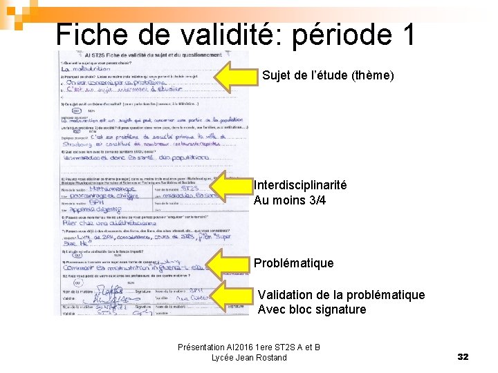 Fiche de validité: période 1 Sujet de l’étude (thème) Interdisciplinarité Au moins 3/4 Problématique